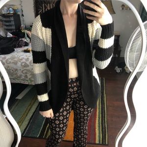Black and white striped waterfall crochet cardigan sweater